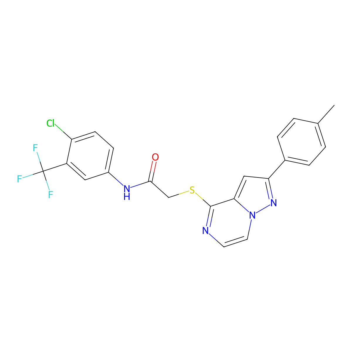 N-[4-Chloro-3-(trifluoromethyl)phenyl]-2-{[2-(4-methylphenyl)pyrazolo[1,5-A]pyrazin-4-YL]sulfanyl}acetamide molecular structure, CAS 1021208-01-4
