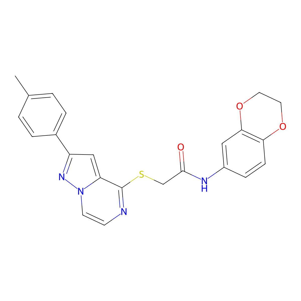 N-(2,3-Dihydro-1,4-benzodioxin-6-YL)-2-{[2-(4-methylphenyl)pyrazolo[1,5-A]pyrazin-4-YL]sulfanyl}acetamide molecular structure, CAS 1021208-04-7