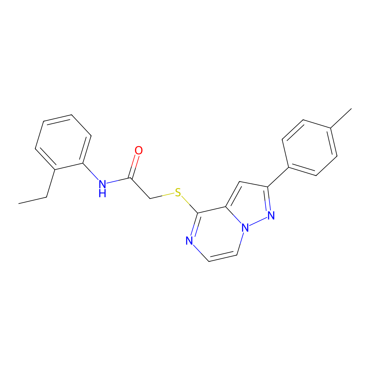 N-(2-ethylphenyl)-2-{[2-(4-methylphenyl)pyrazolo[1,5-a]pyrazin-4-yl]thio}acetamide molecular structure, CAS 1021208-07-0