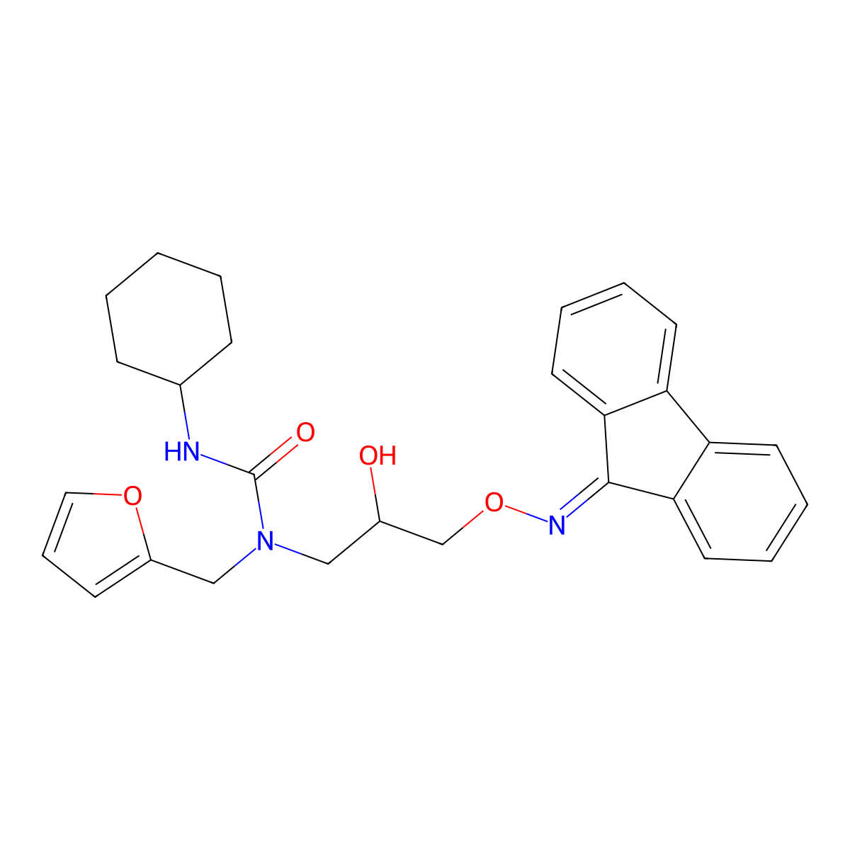 1-(3-(((9H-fluoren-9-ylidene)amino)oxy)-2-hydroxypropyl)-3-cyclohexyl-1-(furan-2-ylmethyl)urea molecular structure, CAS 1021208-15-0