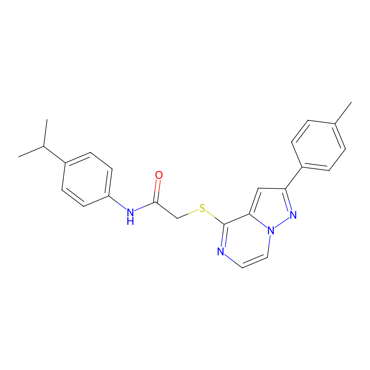 2-{[2-(4-methylphenyl)pyrazolo[1,5-a]pyrazin-4-yl]sulfanyl}-N-[4-(propan-2-yl)phenyl]acetamide molecular structure, CAS 1021208-19-4