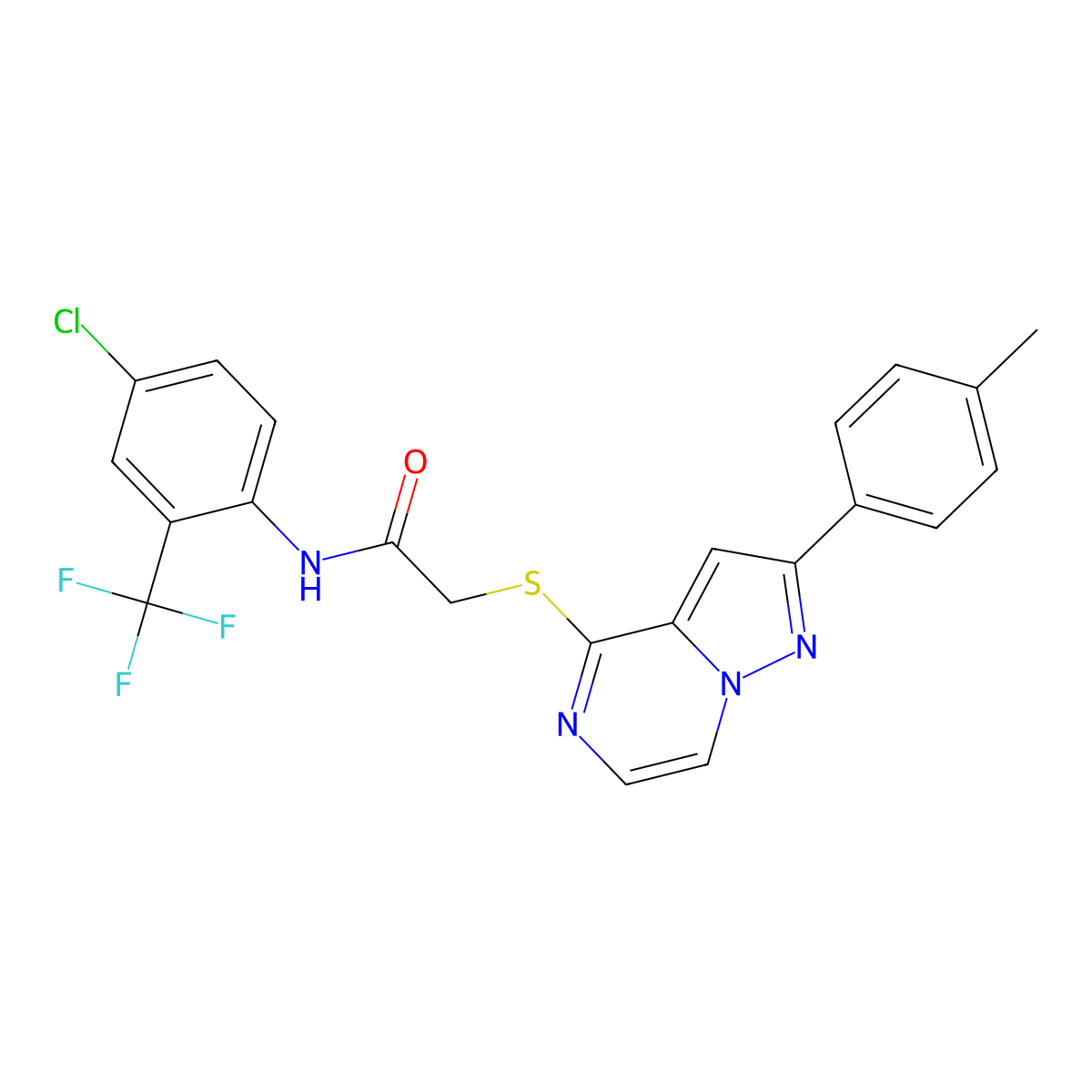 N-[4-chloro-2-(trifluoromethyl)phenyl]-2-{[2-(4-methylphenyl)pyrazolo[1,5-a]pyrazin-4-yl]thio}acetamide molecular structure, CAS 1021208-22-9