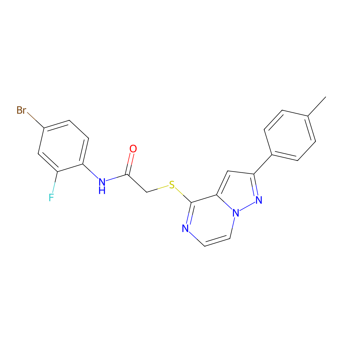 N-(4-bromo-2-fluorophenyl)-2-{[2-(4-methylphenyl)pyrazolo[1,5-a]pyrazin-4-yl]thio}acetamide molecular structure, CAS 1021208-27-4