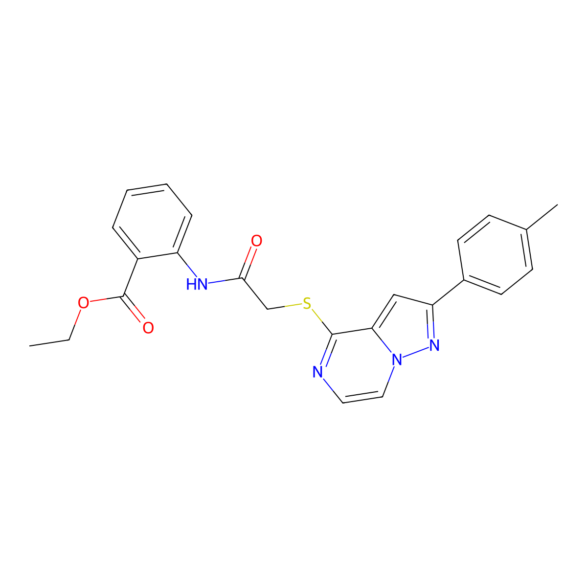 Ethyl 2-(2-{[2-(4-methylphenyl)pyrazolo[1,5-A]pyrazin-4-YL]sulfanyl}acetamido)benzoate molecular structure, CAS 1021208-29-6