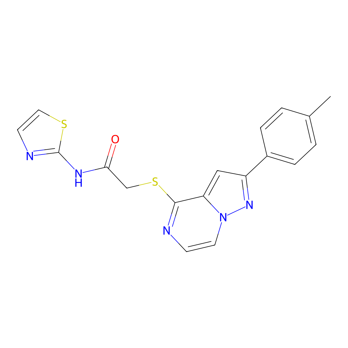 2-{[2-(4-Methylphenyl)pyrazolo[1,5-A]pyrazin-4-YL]sulfanyl}-N-(1,3-thiazol-2-YL)acetamide molecular structure, CAS 1021208-42-3