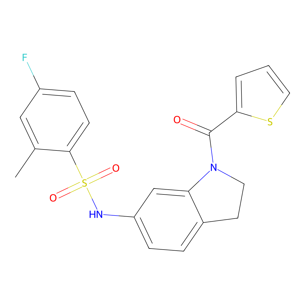 4-fluoro-2-methyl-N-(1-(thiophene-2-carbonyl)indolin-6-yl)benzenesulfonamide molecular structure, CAS 1021208-58-1