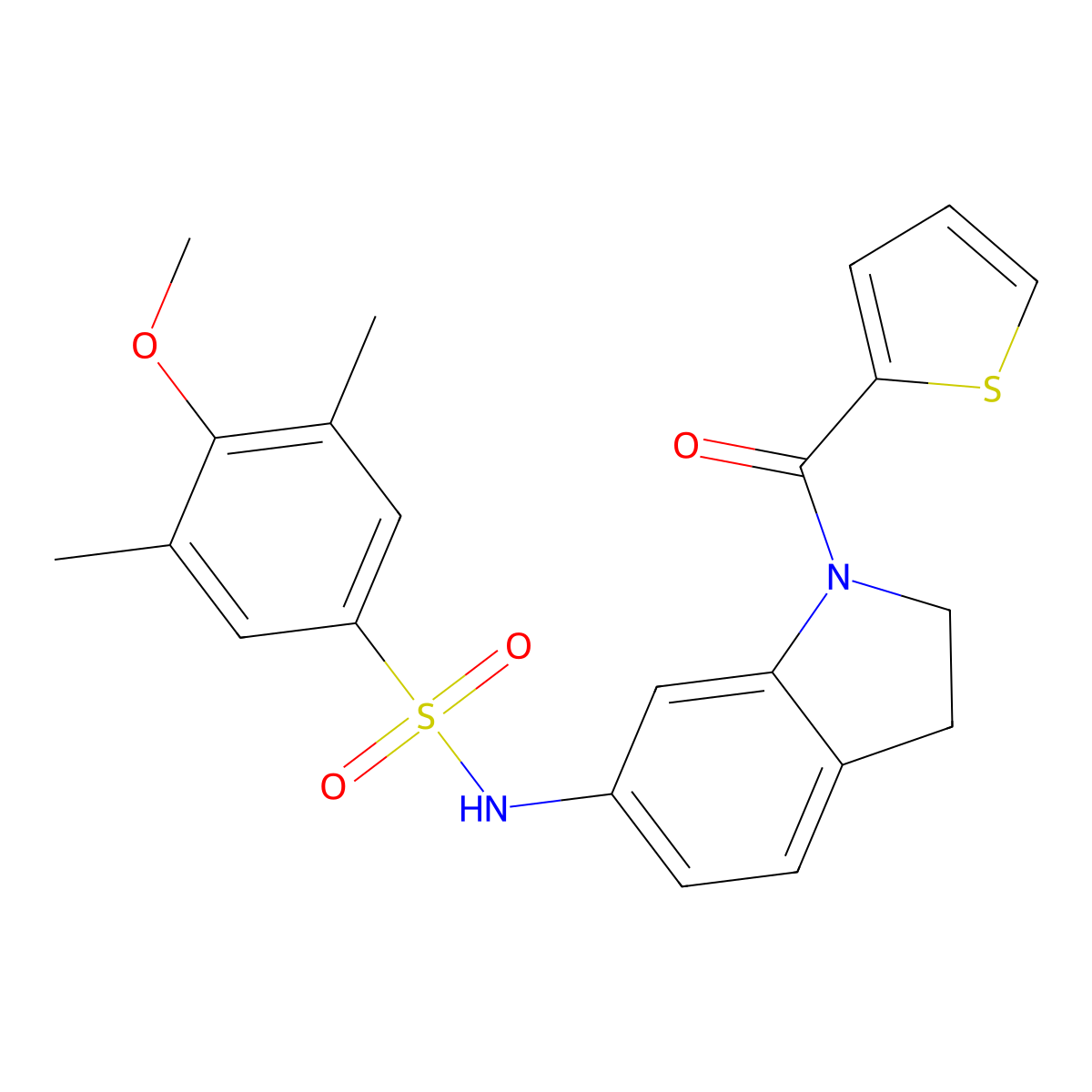4-methoxy-3,5-dimethyl-N-(1-(thiophene-2-carbonyl)indolin-6-yl)benzenesulfonamide molecular structure, CAS 1021208-61-6