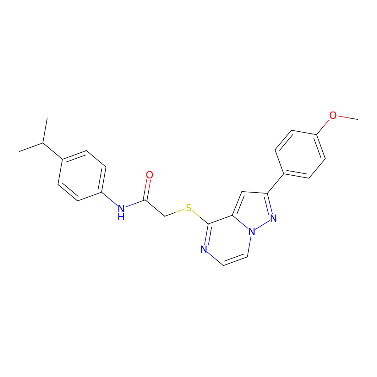 2-{[2-(4-methoxyphenyl)pyrazolo[1,5-a]pyrazin-4-yl]sulfanyl}-N-[4-(propan-2-yl)phenyl]acetamide molecular structure, CAS 1021208-62-7