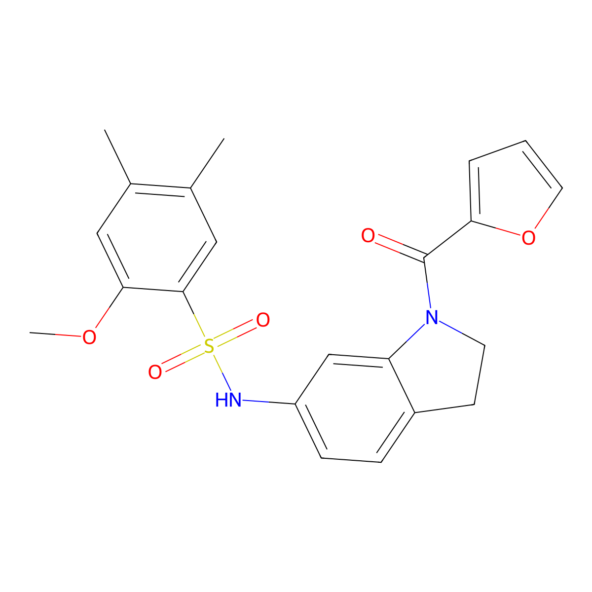 N-(1-(furan-2-carbonyl)indolin-6-yl)-2-methoxy-4,5-dimethylbenzenesulfonamide molecular structure, CAS 1021208-95-6