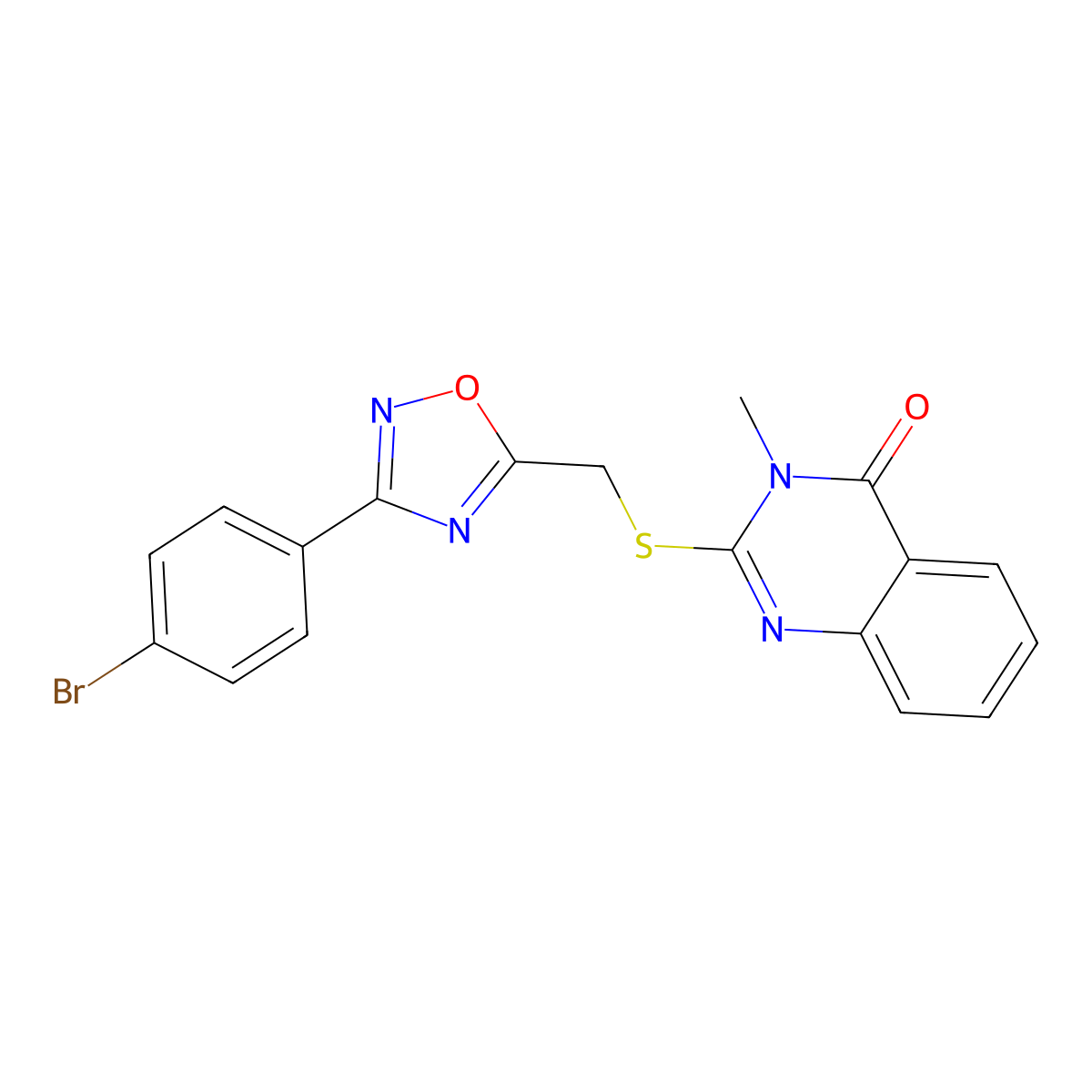 2-(((3-(4-bromophenyl)-1,2,4-oxadiazol-5-yl)methyl)thio)-3-methylquinazolin-4(3H)-one molecular structure, CAS 1021209-00-6