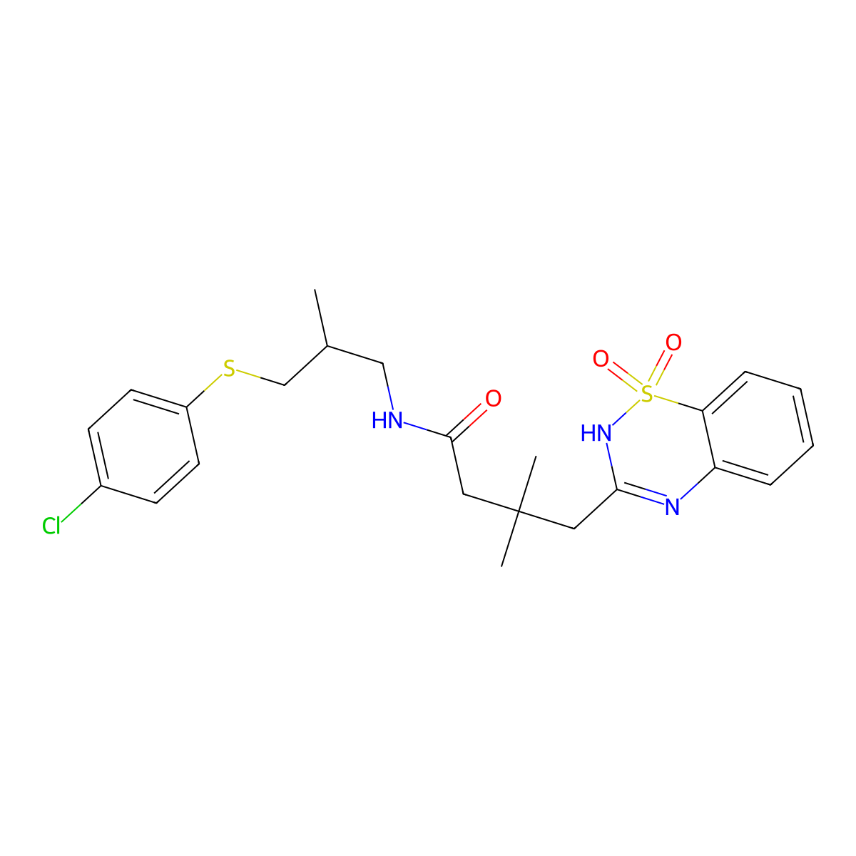 N-(3-((4-chlorophenyl)thio)-2-methylpropyl)-4-(1,1-dioxido-2H-benzo[e][1,2,4]thiadiazin-3-yl)-3,3-dimethylbutanamide molecular structure, CAS 1021209-10-8