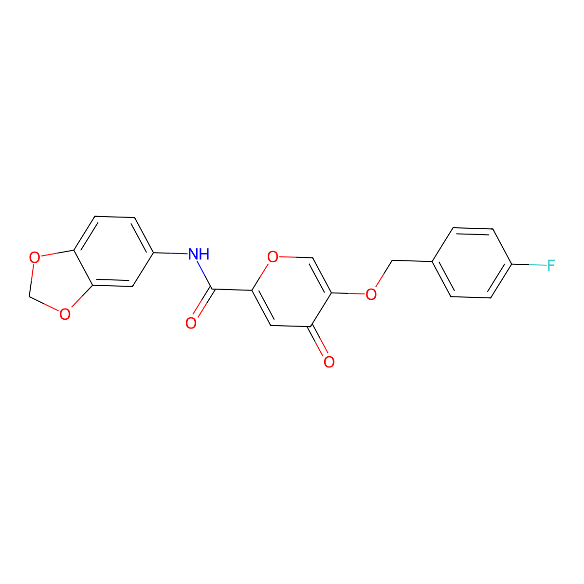 N-(benzo[d][1,3]dioxol-5-yl)-5-((4-fluorobenzyl)oxy)-4-oxo-4H-pyran-2-carboxamide molecular structure, CAS 1021209-46-0