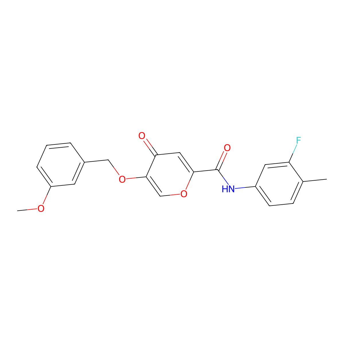 N-(3-fluoro-4-methylphenyl)-5-((3-methoxybenzyl)oxy)-4-oxo-4H-pyran-2-carboxamide molecular structure, CAS 1021209-93-7