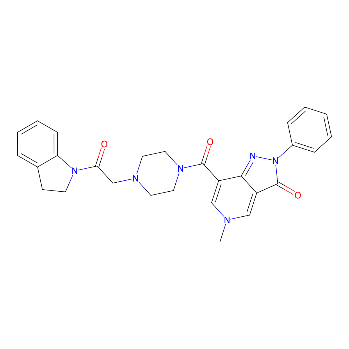 7-(4-(2-(indolin-1-yl)-2-oxoethyl)piperazine-1-carbonyl)-5-methyl-2-phenyl-2H-pyrazolo[4,3-c]pyridin-3(5H)-one molecular structure, CAS 1021210-11-6