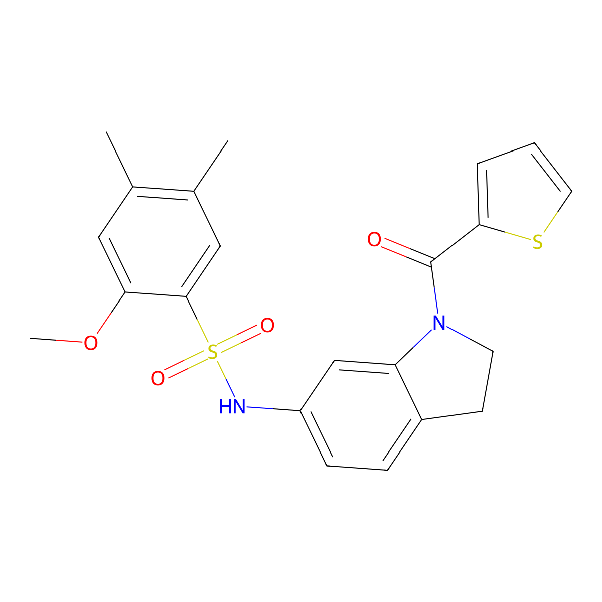 2-methoxy-4,5-dimethyl-N-(1-(thiophene-2-carbonyl)indolin-6-yl)benzenesulfonamide molecular structure, CAS 1021210-12-7