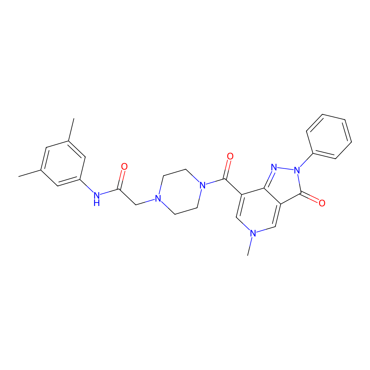 N-(3,5-dimethylphenyl)-2-(4-(5-methyl-3-oxo-2-phenyl-3,5-dihydro-2H-pyrazolo[4,3-c]pyridine-7-carbonyl)piperazin-1-yl)acetamide molecular structure, CAS 1021210-14-9