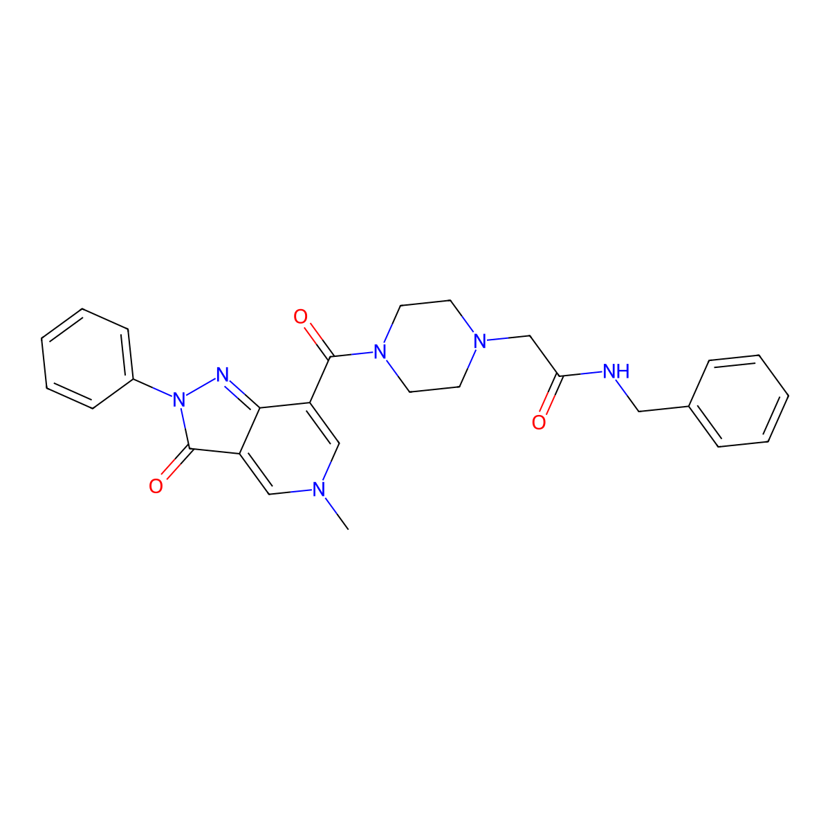 N-benzyl-2-(4-(5-methyl-3-oxo-2-phenyl-3,5-dihydro-2H-pyrazolo[4,3-c]pyridine-7-carbonyl)piperazin-1-yl)acetamide molecular structure, CAS 1021210-16-1