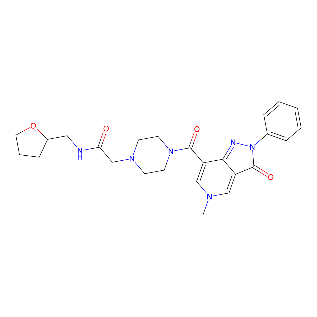 2-(4-(5-methyl-3-oxo-2-phenyl-3,5-dihydro-2H-pyrazolo[4,3-c]pyridine-7-carbonyl)piperazin-1-yl)-N-((tetrahydrofuran-2-yl)methyl)acetamide molecular structure, CAS 1021210-18-3