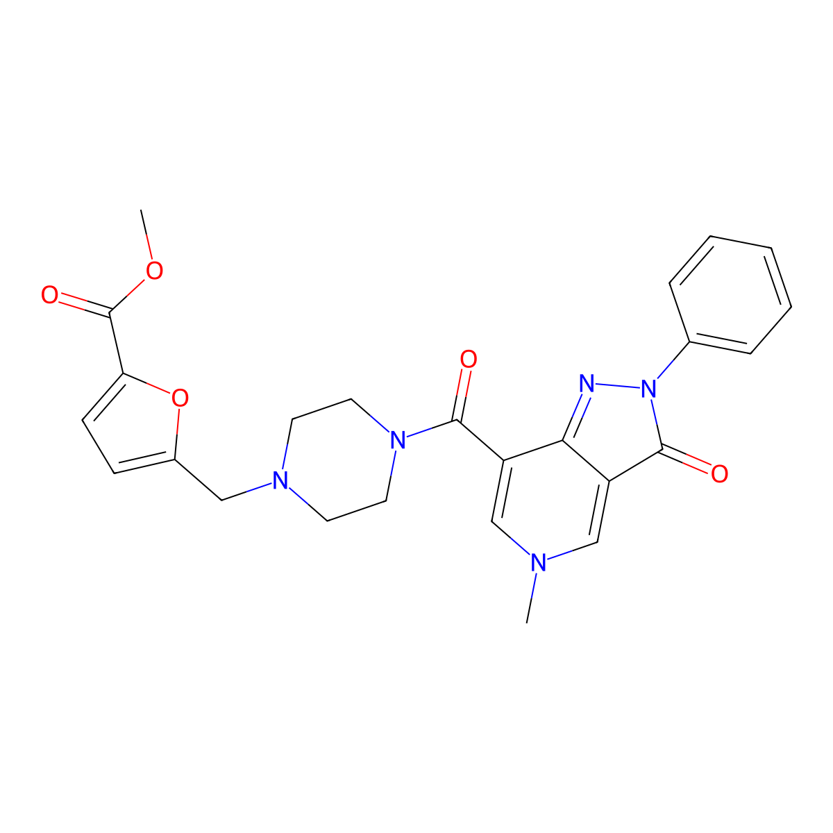 methyl 5-((4-(5-methyl-3-oxo-2-phenyl-3,5-dihydro-2H-pyrazolo[4,3-c]pyridine-7-carbonyl)piperazin-1-yl)methyl)furan-2-carboxylate molecular structure, CAS 1021210-28-5