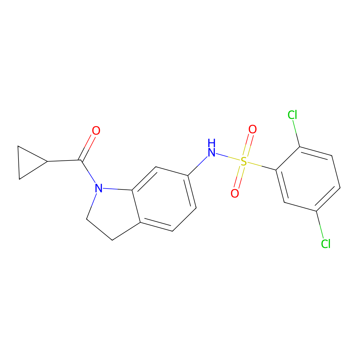 2,5-dichloro-N-(1-(cyclopropanecarbonyl)indolin-6-yl)benzenesulfonamide molecular structure, CAS 1021210-67-2