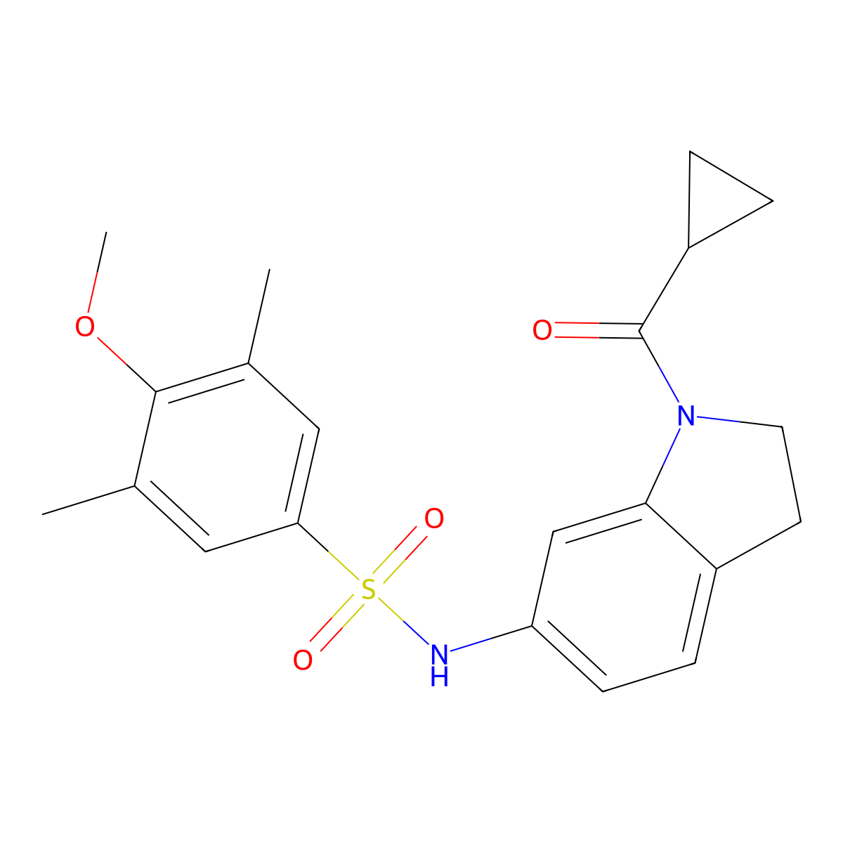 N-(1-(cyclopropanecarbonyl)indolin-6-yl)-4-methoxy-3,5-dimethylbenzenesulfonamide molecular structure, CAS 1021210-80-9
