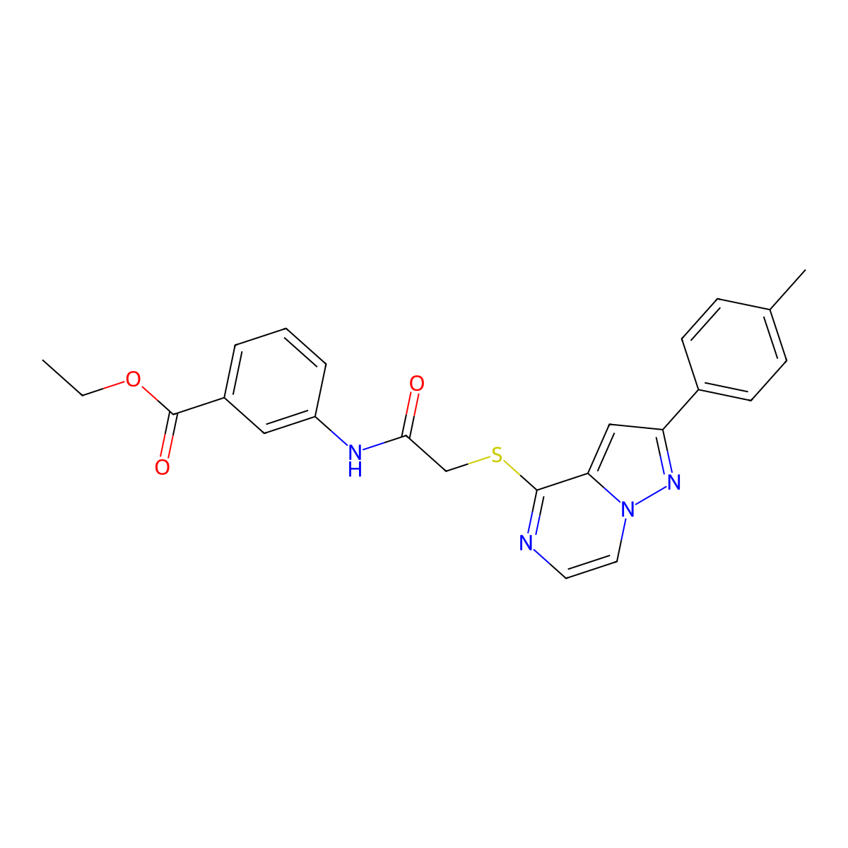 Ethyl 3-(2-{[2-(4-methylphenyl)pyrazolo[1,5-A]pyrazin-4-YL]sulfanyl}acetamido)benzoate molecular structure, CAS 1021210-84-3
