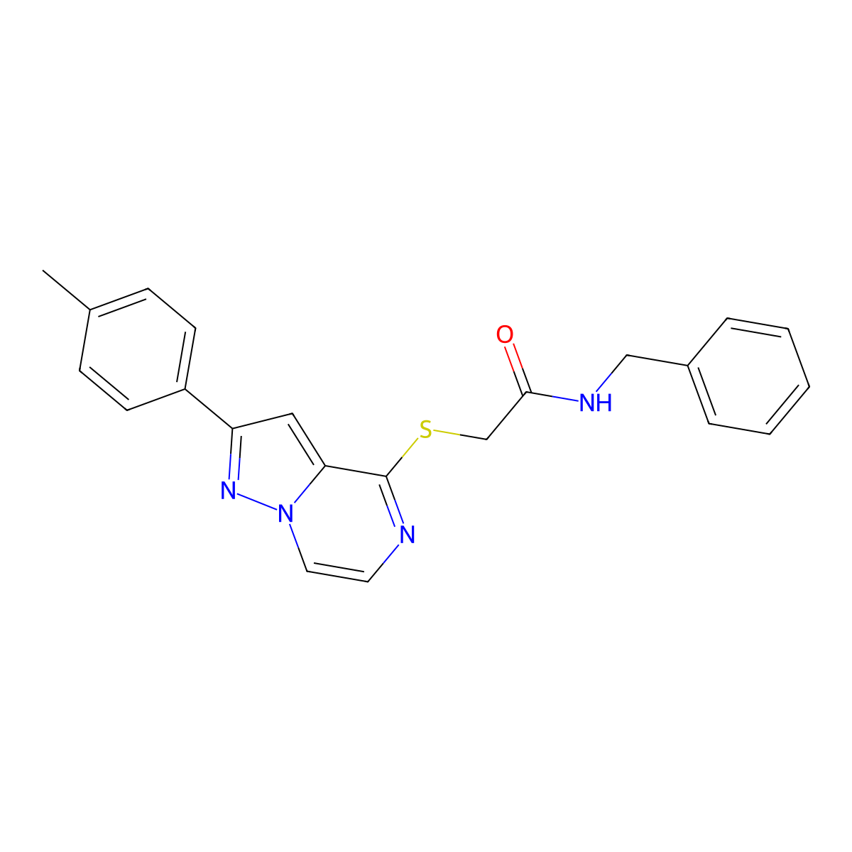 N-benzyl-2-{[2-(4-methylphenyl)pyrazolo[1,5-a]pyrazin-4-yl]thio}acetamide molecular structure, CAS 1021210-91-2