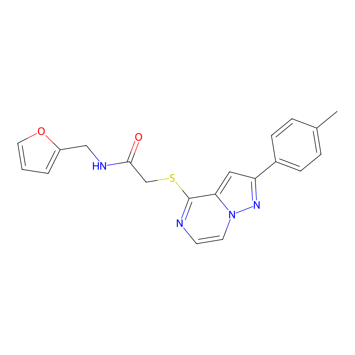 N-[(furan-2-yl)methyl]-2-{[2-(4-methylphenyl)pyrazolo[1,5-a]pyrazin-4-yl]sulfanyl}acetamide molecular structure, CAS 1021210-96-7