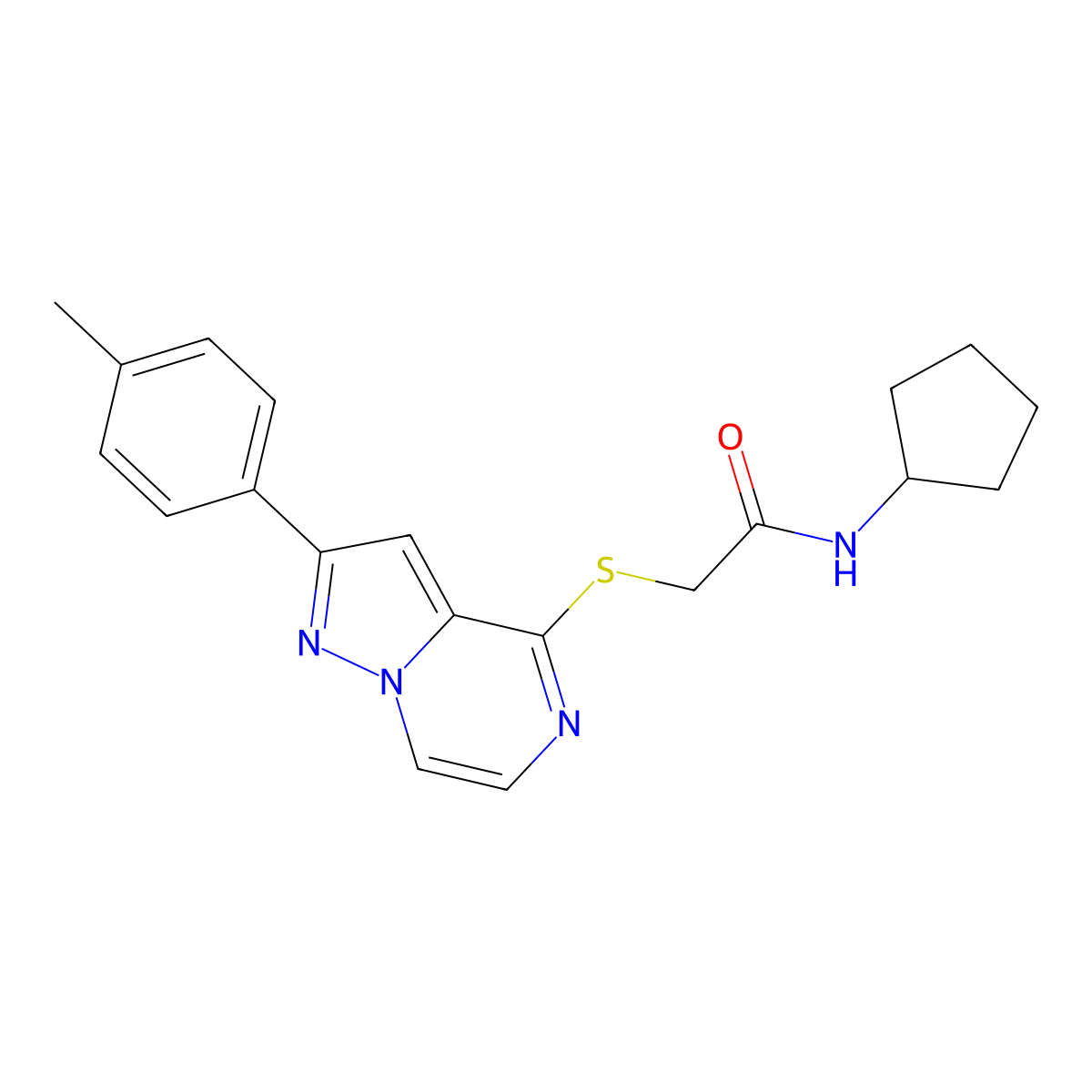 N-Cyclopentyl-2-{[2-(4-methylphenyl)pyrazolo[1,5-A]pyrazin-4-YL]sulfanyl}acetamide molecular structure, CAS 1021211-04-0
