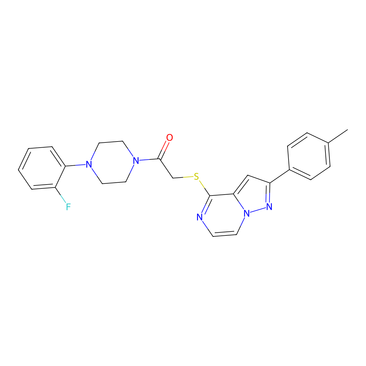 4-({2-[4-(2-Fluorophenyl)piperazin-1-yl]-2-oxoethyl}thio)-2-(4-methylphenyl)pyrazolo[1,5-a]pyrazine molecular structure, CAS 1021211-08-4