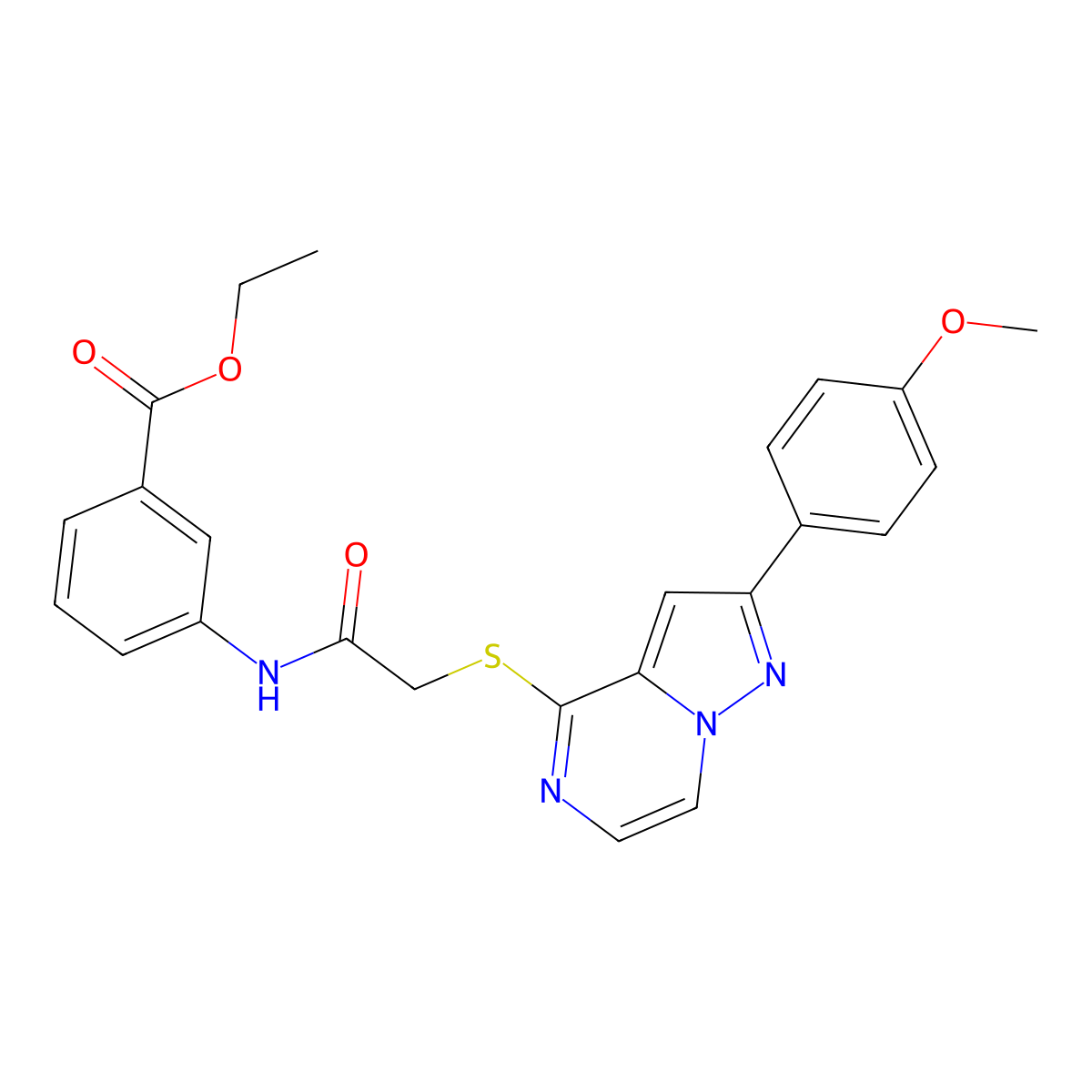 Ethyl 3-(2-{[2-(4-methoxyphenyl)pyrazolo[1,5-A]pyrazin-4-YL]sulfanyl}acetamido)benzoate molecular structure, CAS 1021211-22-2