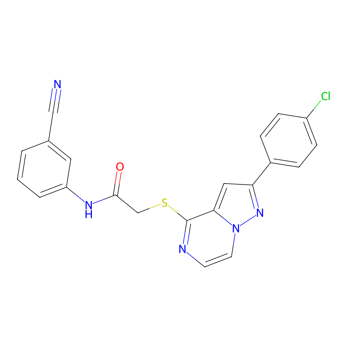 2-{[2-(4-chlorophenyl)pyrazolo[1,5-a]pyrazin-4-yl]sulfanyl}-N-(3-cyanophenyl)acetamide molecular structure, CAS 1021211-31-3