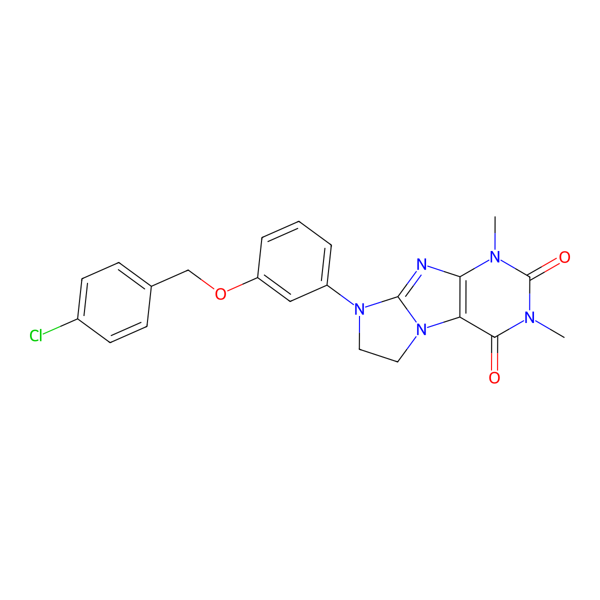 6-[3-[(4-Chlorophenyl)methoxy]phenyl]-2,4-dimethyl-7,8-dihydropurino[7,8-a]imidazole-1,3-dione molecular structure, CAS 1021211-59-5