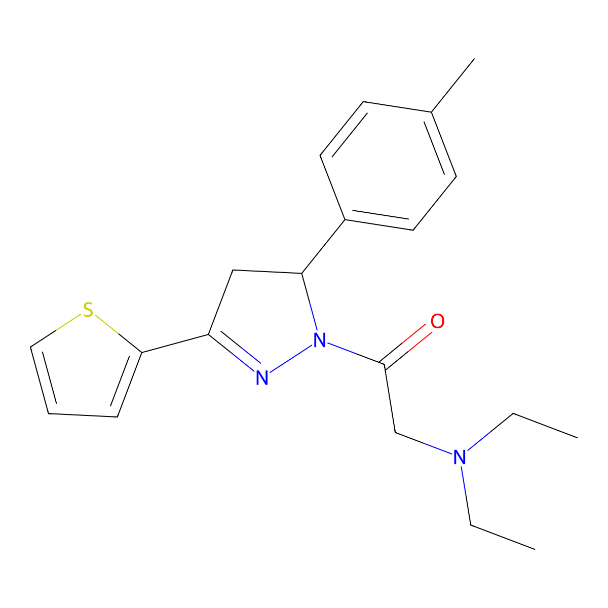 2-(diethylamino)-1-[5-(4-methylphenyl)-3-(thiophen-2-yl)-4,5-dihydro-1H-pyrazol-1-yl]ethan-1-one molecular structure, CAS 1021212-14-5
