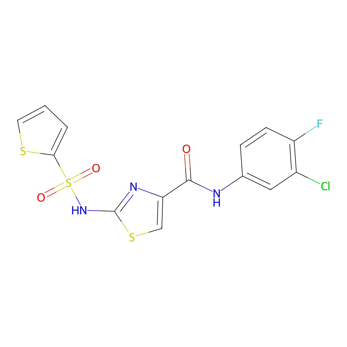 N-(3-chloro-4-fluorophenyl)-2-(thiophene-2-sulfonamido)-1,3-thiazole-4-carboxamide molecular structure, CAS 1021212-49-6