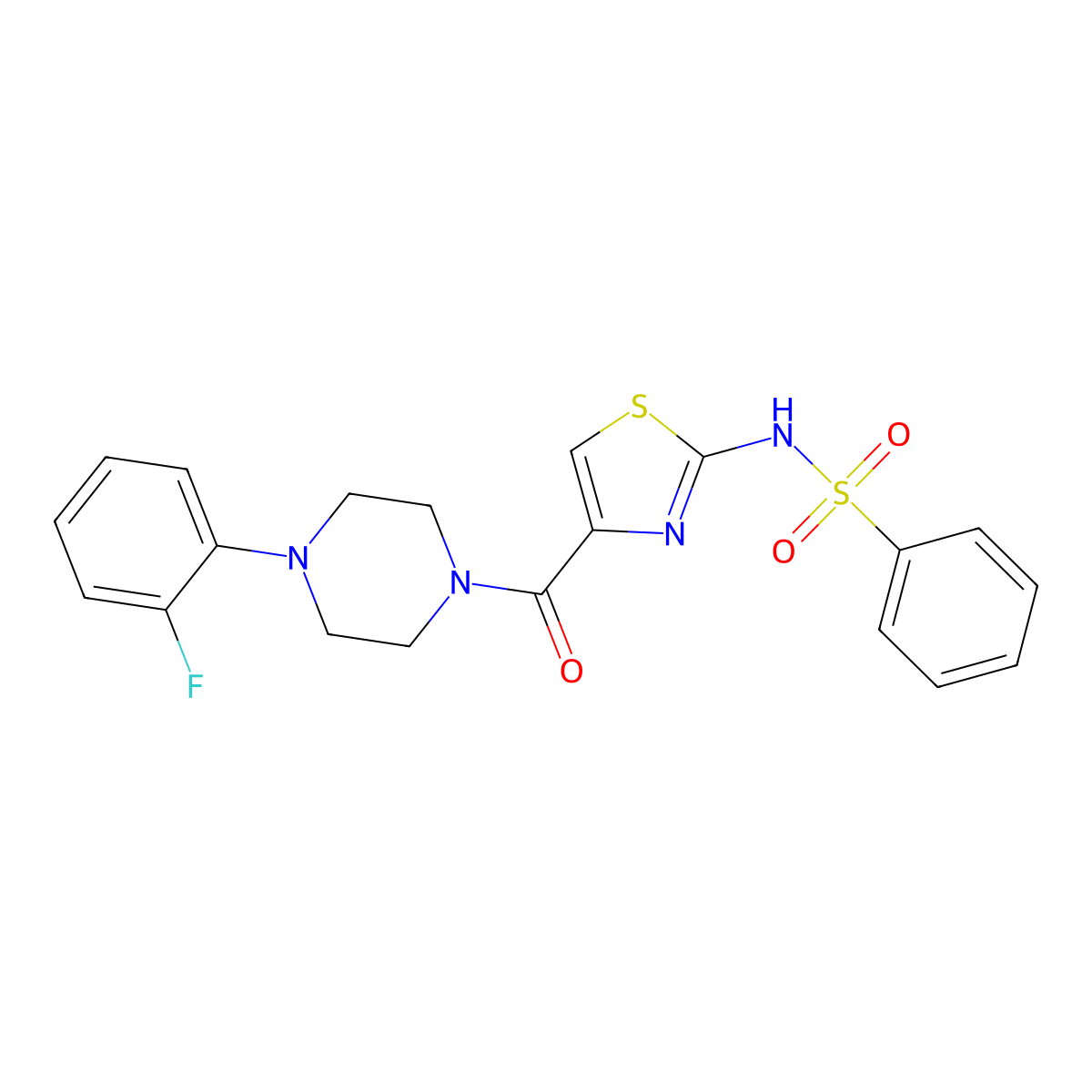 N-(4-(4-(2-fluorophenyl)piperazine-1-carbonyl)thiazol-2-yl)benzenesulfonamide molecular structure, CAS 1021212-68-9