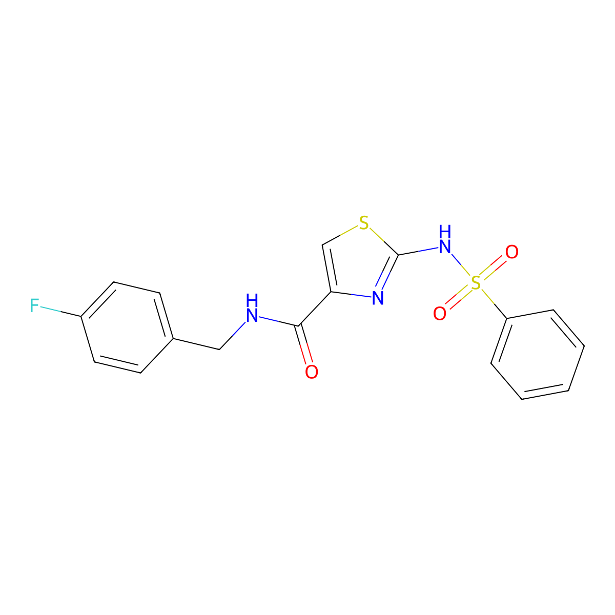 2-benzenesulfonamido-N-[(4-fluorophenyl)methyl]-1,3-thiazole-4-carboxamide molecular structure, CAS 1021212-72-5