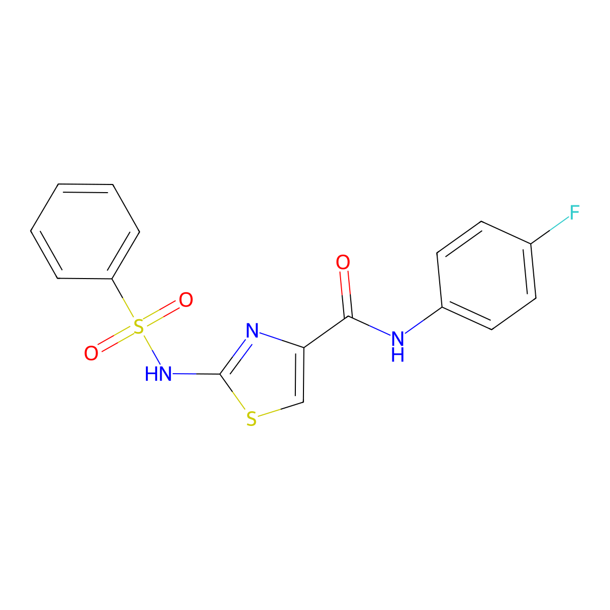 2-benzenesulfonamido-N-(4-fluorophenyl)-1,3-thiazole-4-carboxamide molecular structure, CAS 1021212-95-2