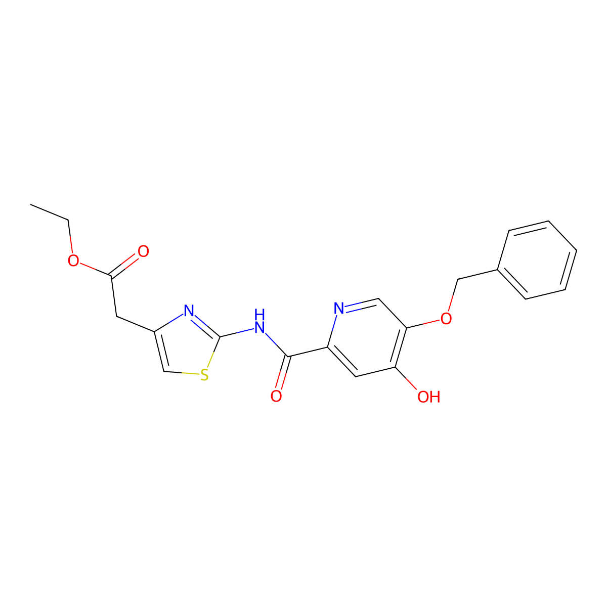 Ethyl 2-(2-(5-(benzyloxy)-4-oxo-1,4-dihydropyridine-2-carboxamido)thiazol-4-yl)acetate molecular structure, CAS 1021213-02-4