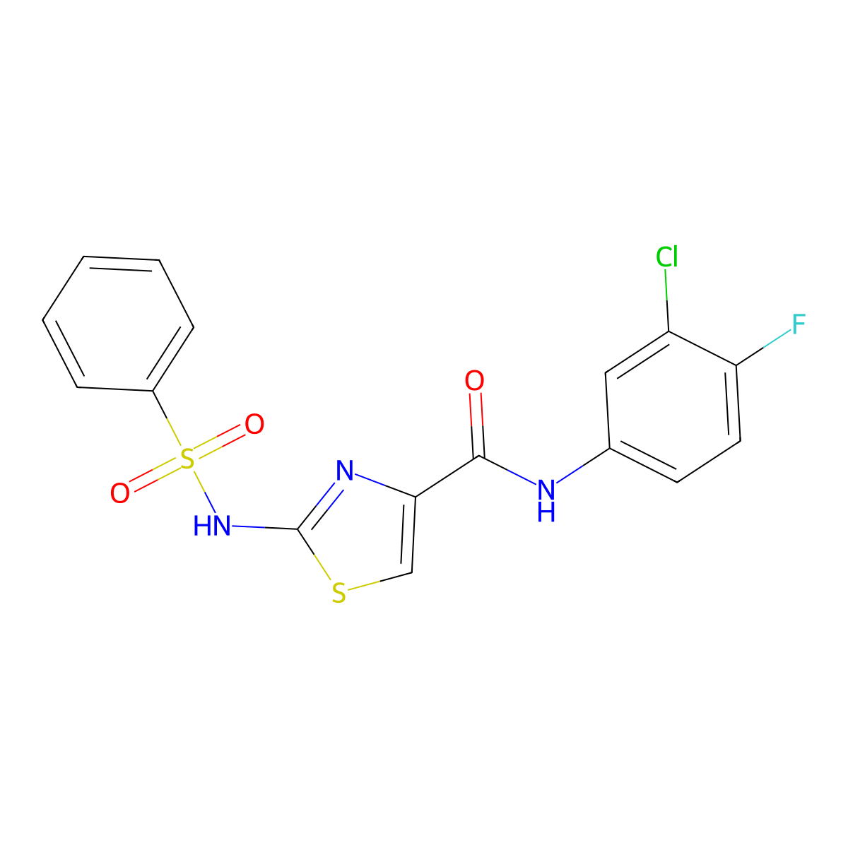 2-benzenesulfonamido-N-(3-chloro-4-fluorophenyl)-1,3-thiazole-4-carboxamide molecular structure, CAS 1021213-04-6
