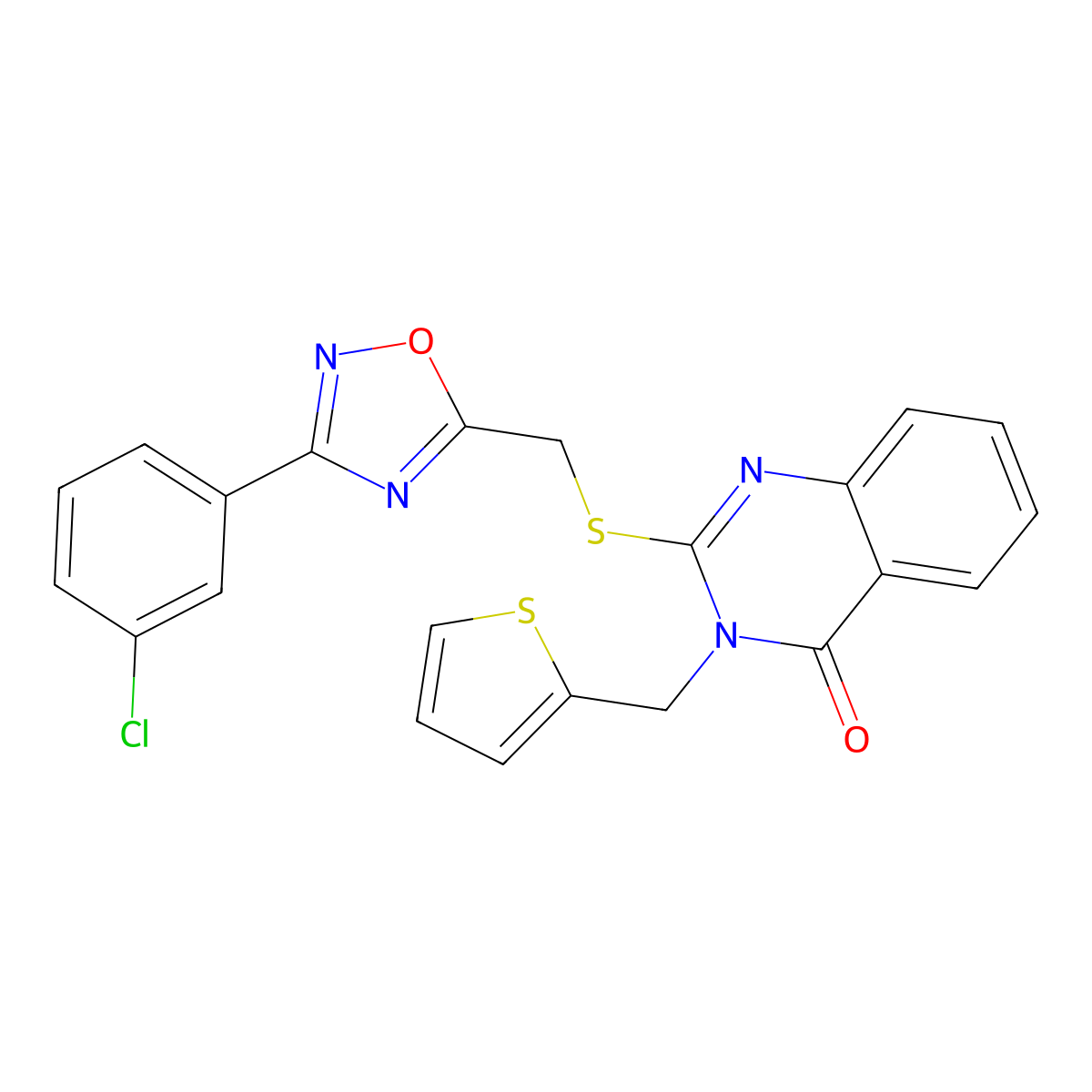 2-(((3-(3-chlorophenyl)-1,2,4-oxadiazol-5-yl)methyl)thio)-3-(thiophen-2-ylmethyl)quinazolin-4(3H)-one molecular structure, CAS 1021213-07-9