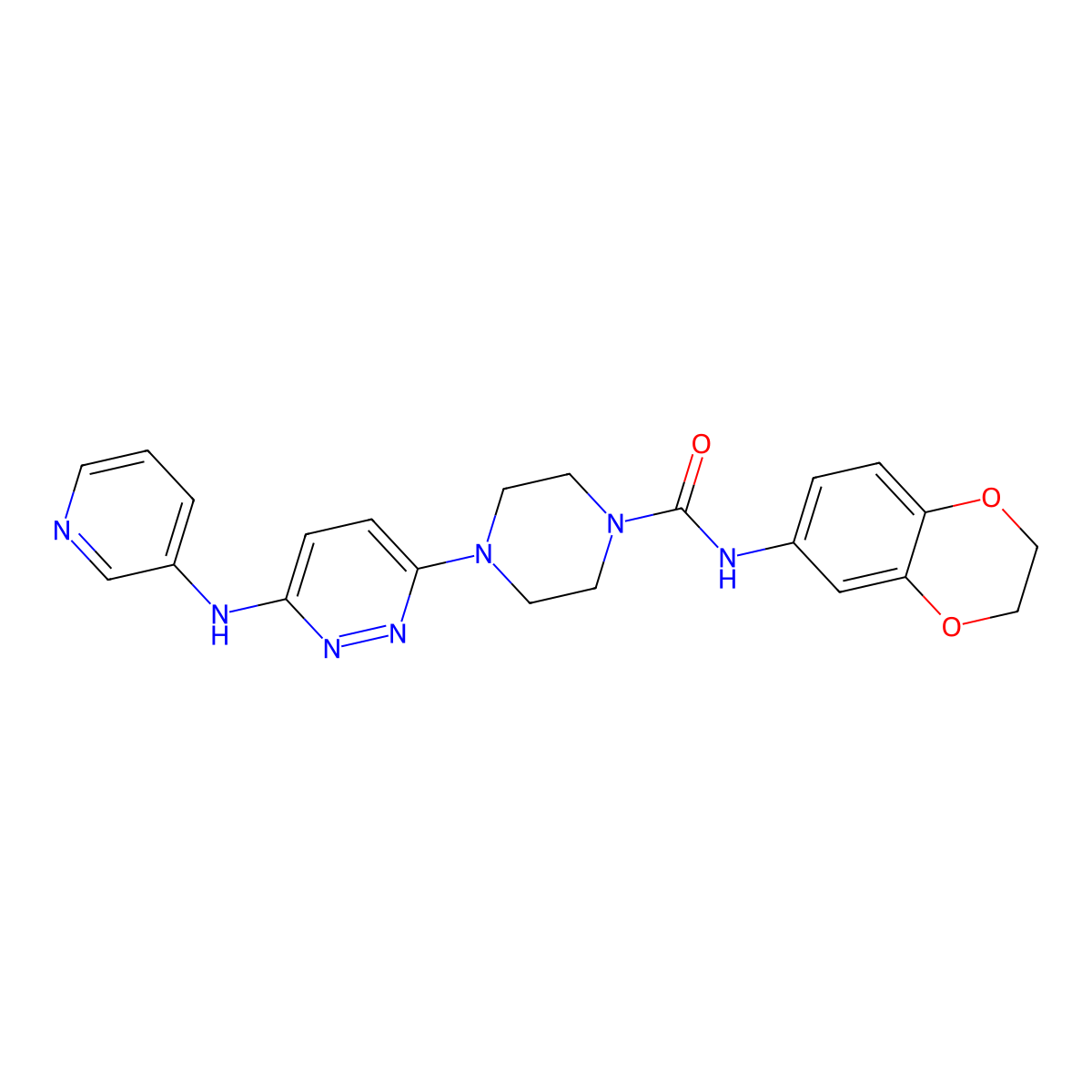 N-(2,3-dihydrobenzo[b][1,4]dioxin-6-yl)-4-(6-(pyridin-3-ylamino)pyridazin-3-yl)piperazine-1-carboxamide molecular structure, CAS 1021213-10-4