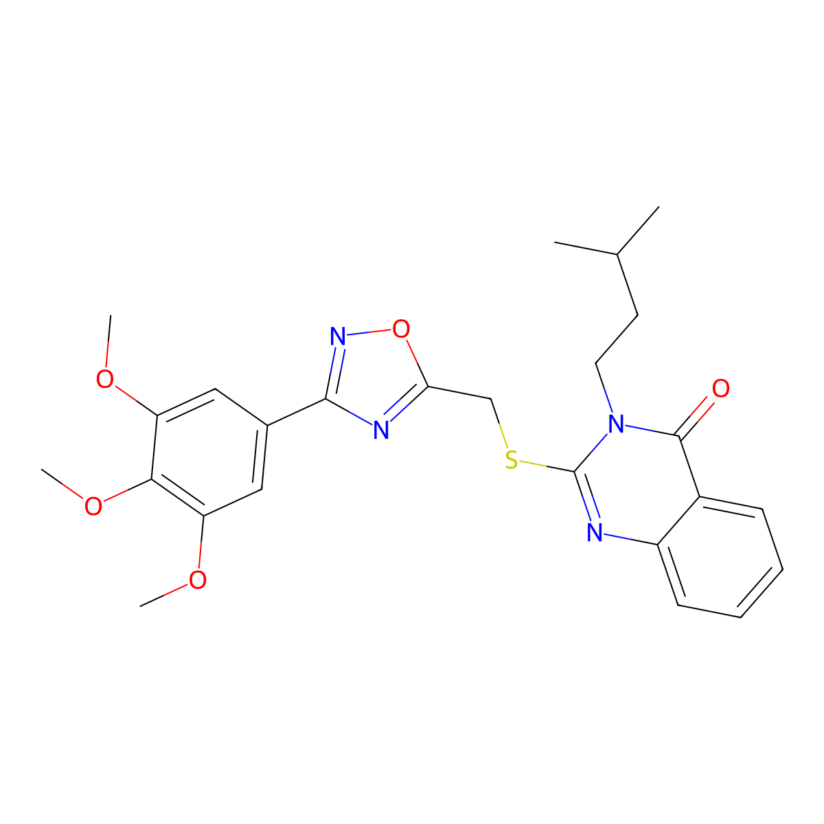 3-(3-Methylbutyl)-2-({[3-(3,4,5-trimethoxyphenyl)-1,2,4-oxadiazol-5-yl]methyl}sulfanyl)-3,4-dihydroquinazolin-4-one molecular structure, CAS 1021213-11-5