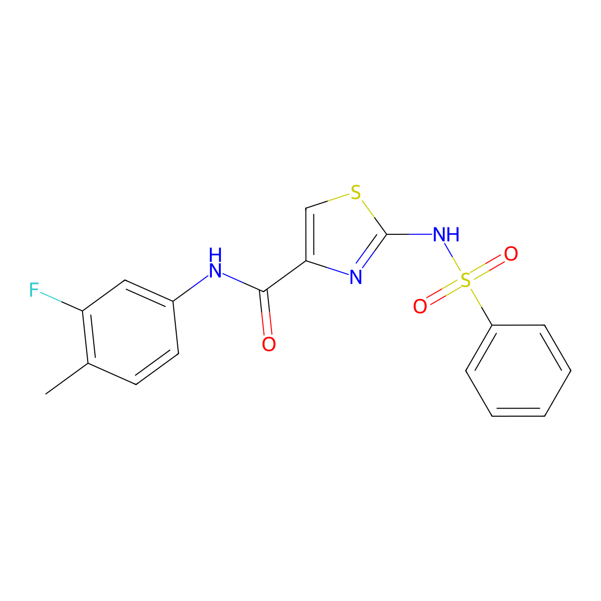 2-benzenesulfonamido-N-(3-fluoro-4-methylphenyl)-1,3-thiazole-4-carboxamide molecular structure, CAS 1021213-12-6