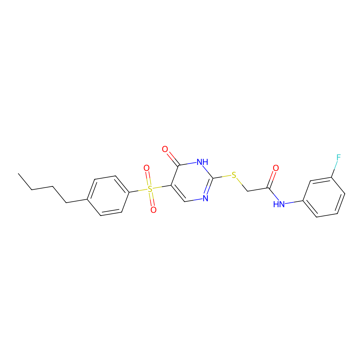 2-{[5-(4-butylbenzenesulfonyl)-6-oxo-1,6-dihydropyrimidin-2-yl]sulfanyl}-N-(3-fluorophenyl)acetamide molecular structure, CAS 1021213-62-6