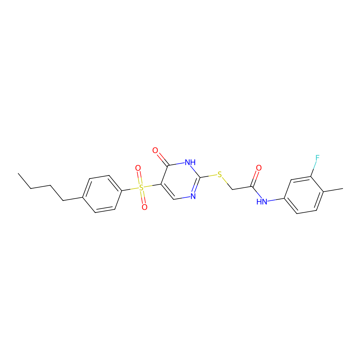 2-{[5-(4-butylbenzenesulfonyl)-6-oxo-1,6-dihydropyrimidin-2-yl]sulfanyl}-N-(3-fluoro-4-methylphenyl)acetamide molecular structure, CAS 1021213-66-0