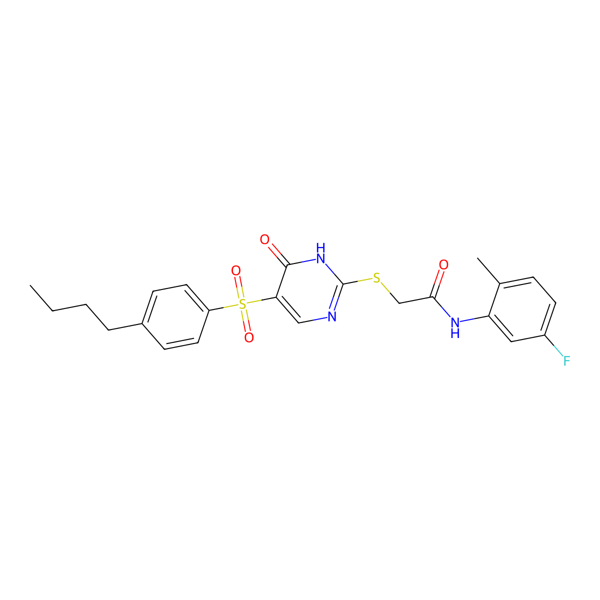 2-{[5-(4-butylbenzenesulfonyl)-6-oxo-1,6-dihydropyrimidin-2-yl]sulfanyl}-N-(5-fluoro-2-methylphenyl)acetamide molecular structure, CAS 1021213-71-7