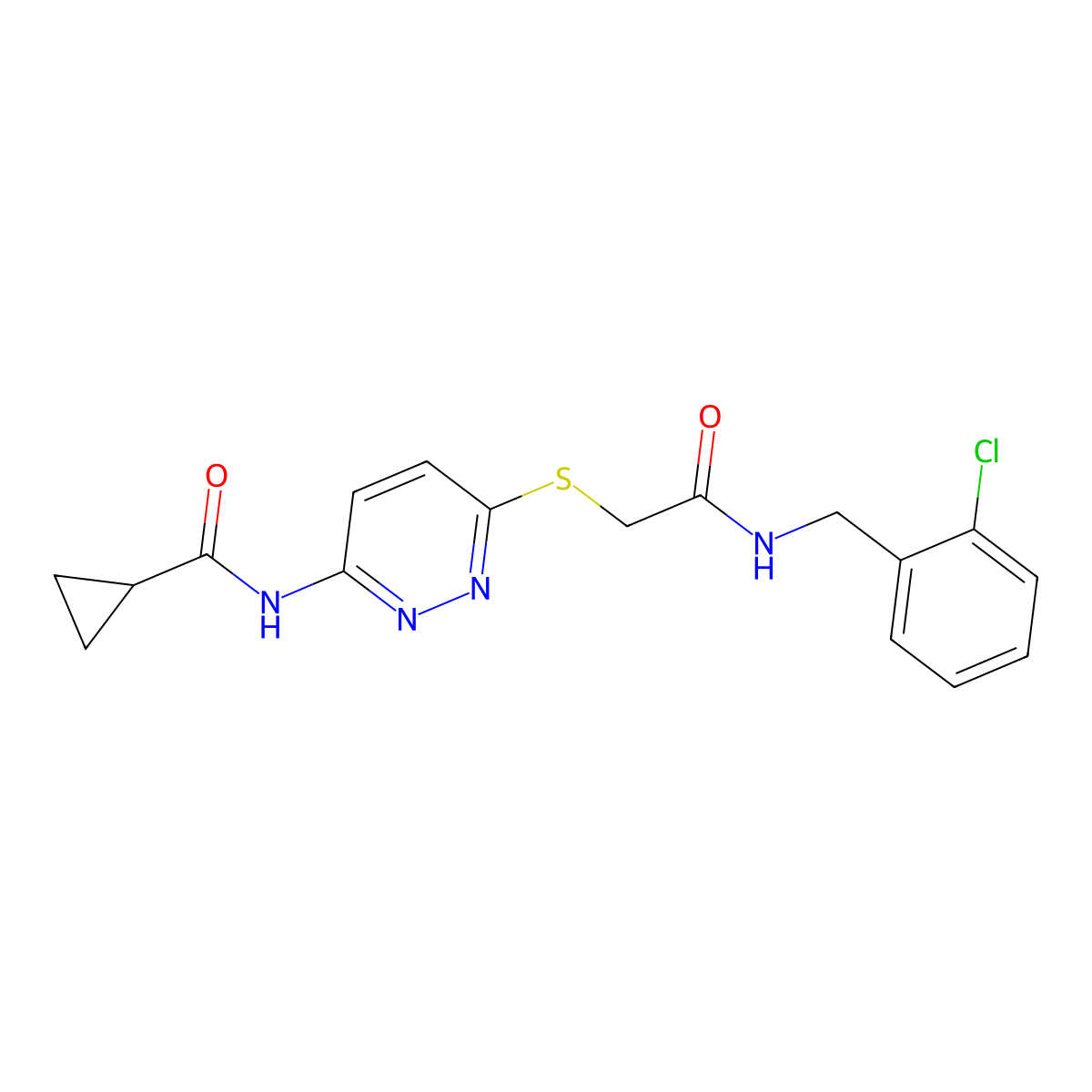 N-{6-[({[(2-chlorophenyl)methyl]carbamoyl}methyl)sulfanyl]pyridazin-3-yl}cyclopropanecarboxamide molecular structure, CAS 1021213-88-6