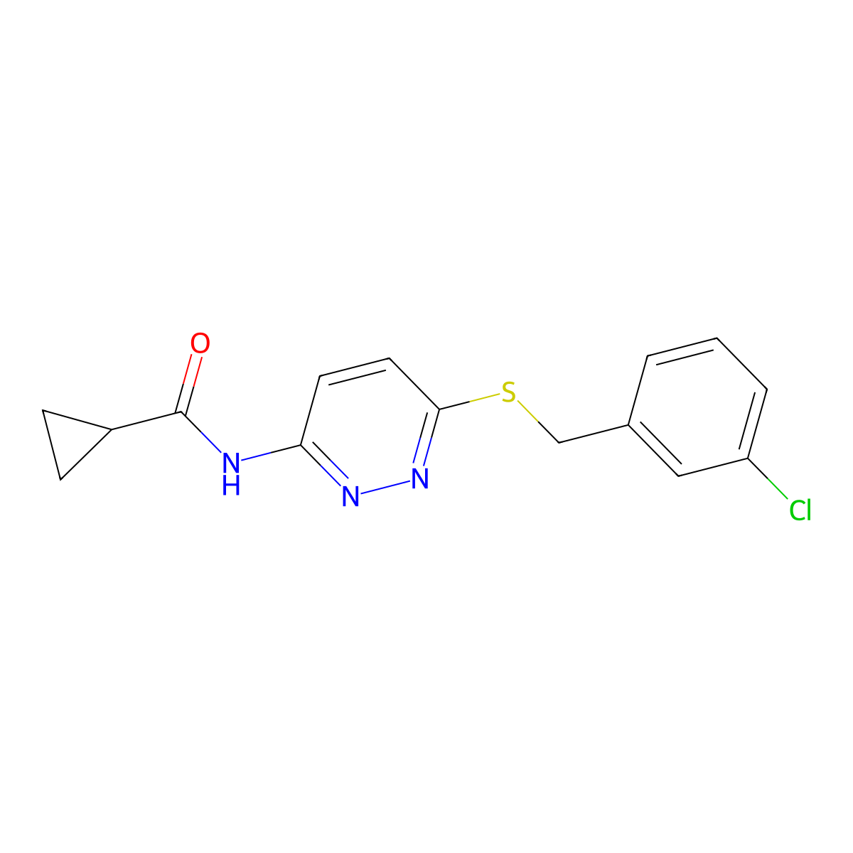 N-(6-{[(3-chlorophenyl)methyl]sulfanyl}pyridazin-3-yl)cyclopropanecarboxamide molecular structure, CAS 1021213-96-6