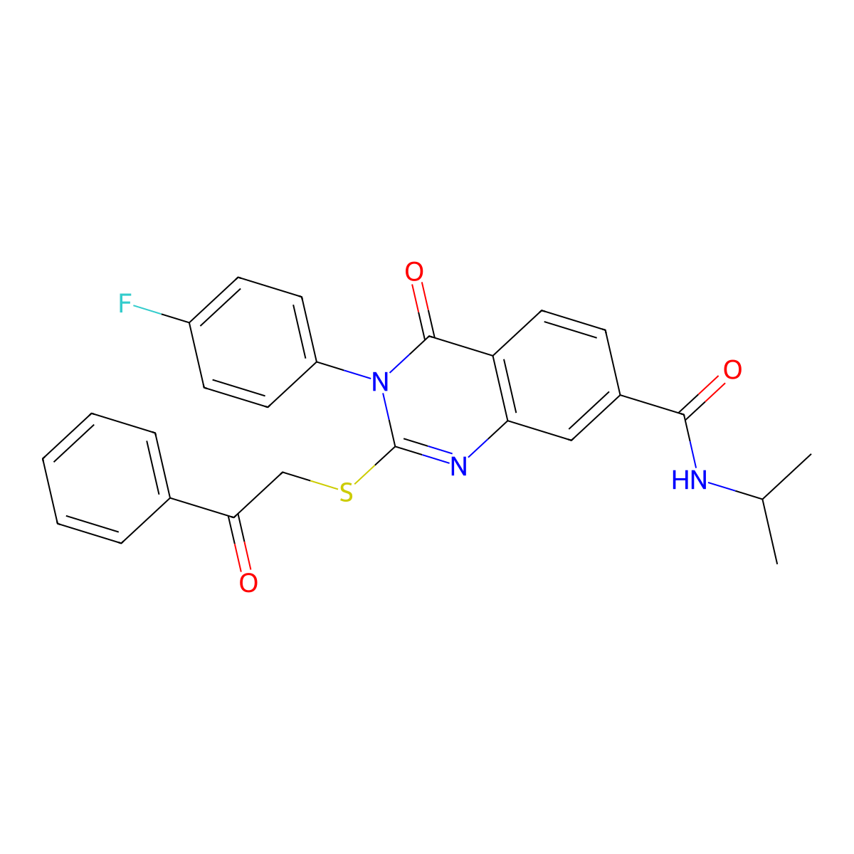 3-(4-fluorophenyl)-N-isopropyl-4-oxo-2-((2-oxo-2-phenylethyl)thio)-3,4-dihydroquinazoline-7-carboxamide molecular structure, CAS 1021213-98-8